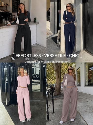 Trendy Queen Women's 2 Piece 2026 Fall Fashion Lounge Set with Pockets | Airport Outfit, Athleisure Workout Set, Fall Wardrobe Staple, Winter Style, Side-Ruched Top, Drawstring Wide-Leg Pants thumbnail 6