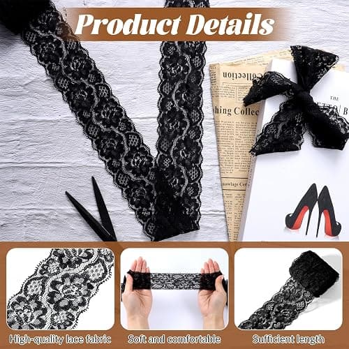 Black Lace Fabric, 2.4 Inch 2.4 Inch 5.5 Yards Black Lace Trim Sewing Trim & Embellishments Elastic Vintage Fabric Applique Ribbon Vintage Wide Tulle for Sewing,Crafting,Wedding,Gift Wrapping thumbnail 6