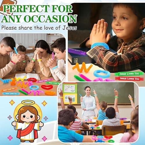 Skylety 64 Pack Christian Easter Gifts for Kids Pop Tubes Sensory Fidget Toy Party Favors 8 Colors Jesus Loves You Pop Tubes Creativity Fun for Toddler Kids Easter Party Favors Sunday School Gifts thumbnail 5