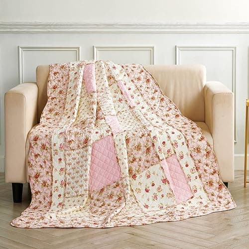 Twin Size Quilt Cotton Pink Floral Patchwork Throw Blanket for Couch Sofa Vintage Reversible Lightweight Quilted Bedspread Coverlets Flowers Quilt Soft Garden Comforter Bed Cover for Bed Home Decor thumbnail 3