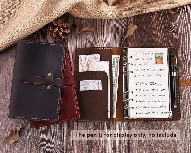 Genuine Leather Journal Writing Notebook, A6 Ring Binder Refillable Diary Notepads, Vintage Handmade Travel Organizer Agenda for Men Women - Brown thumbnail 2