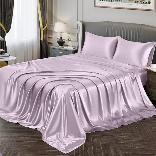 Vonty Satin Sheets King Size Silky Soft Satin Bed Sheets Luxury Lavender Sheet Set, 1 Deep Pocket Fitted Sheet + 1 Flat Sheet + 2 Pillowcases - Image 1