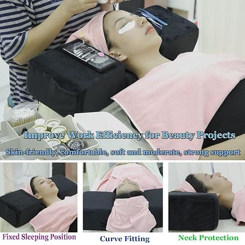 Puransen Lash Bed Pillow with Neck & Back Support - Curved Memory Foam Beauty Pillow for Eyelash Extensions & Salon Services, Two Pockets for Tools on The Sides of Removable Velvet Pillowcase (Pink) thumbnail 7