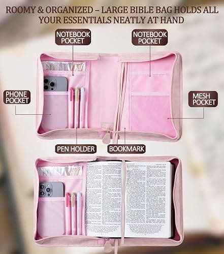 Vegan Leather Bible Cover Case, Bible Bag with Phone Pocket, Large Bible Case for Women, Christian Gift Box Packaging (Pink) thumbnail 4