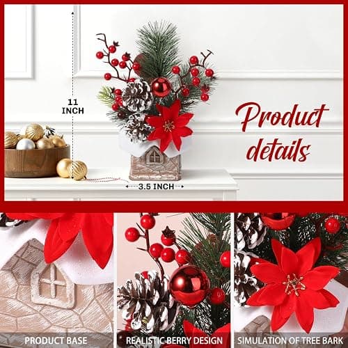Small Christmas Tree Tabletop Artificial Mini Christmas Tree Decorations with Holiday Ornaments Red Berry Pine Cone Greenery for Home Indoor Fireplace Mantel Xmas Decor (Cabin-Red Flowers) thumbnail 4