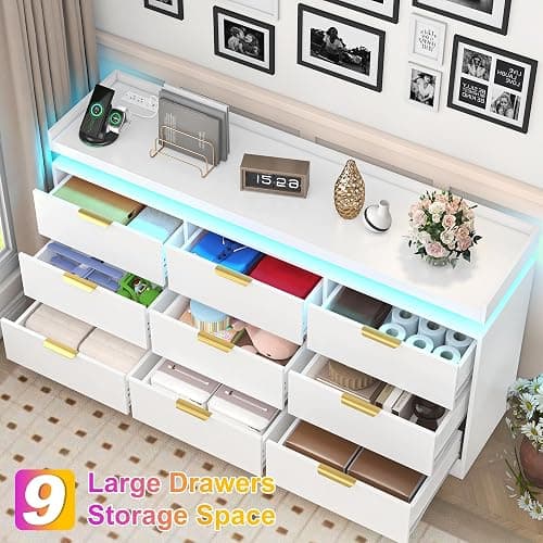 9 Drawer Dresser for Bedroom, White Dresser with LED Lights and Charging Station, Modern Chest of Drawer, Wood Triple Wide Drawer Organizer Cabinet for Bedroom, Living Room, Entryway, Hallway thumbnail 3