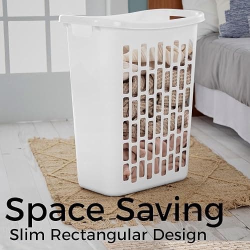 Large Plastic Laundry Hamper, White, Slim Rectangular, Ventilated, 63 Liter, Reinforced Handles, Clothes Basket for Bathroom, Dorm, and Closet thumbnail 2
