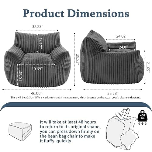 Giant Plush Bean Bag Chair for Adults with Armrests - Oversized Comfy Grey Beanbag Lounge Lazy Floor Sofa Accent Chair for Living Room, Bedroom & Dorm, Cozy Fluffy Single Cloud Mini Couch thumbnail 2