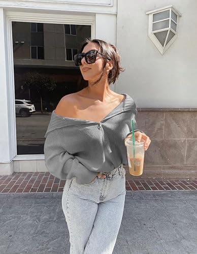 BTFBM Womens Sweaters Quarter Zip Pullover V Neck Collar Long Sleeve Ribbed Knit Loose Casual 2025 Winter Fall Sweater thumbnail 5