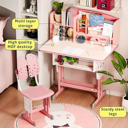 euppaury 2Pcs/Set Ergonomic Height Adjustable Children School Study Desk Chair Set, with Drawer Design, Four Partition Book Stand, Backpack Hook, Cup Holder Pink thumbnail 5