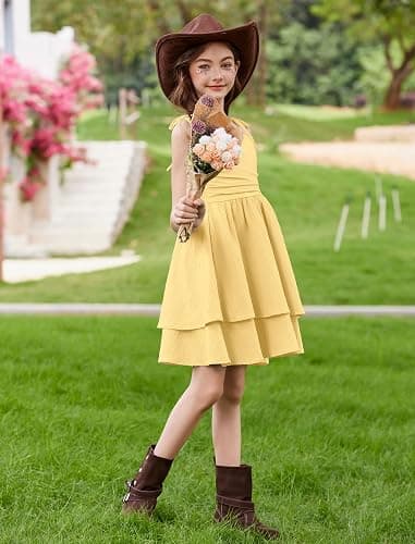 Arshiner Girls Summer Spaghetti Strap Dresses Flowy Tiered Ruched Smocked Back Casual Beach Midi Sundress thumbnail 3