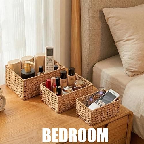 Small Wicker Basket for Organizing, Woven Storage Basket Set of 3 - Handwoven Natural Paper Rope Baskets to Declutter Any Room, Perfect for Organizing and Home Decor thumbnail 4