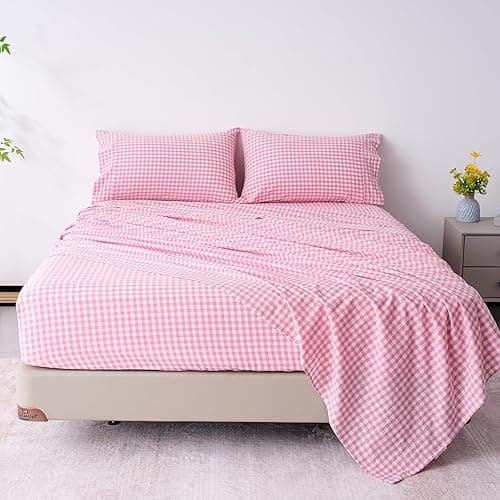Cotton Checkered Queen Size Sheets Set 3 Piece, Pink Gingham Bed Sheet 100% Cotton Luxury, Breathable & Cooling Sheets Queen Size Bed Set Deep Pockets Upto 16" Pink & White Plaid Sheets - Checkered Pink - Queen - Image 1
