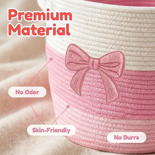 Laundry Basket Hamper for Clothes Blanket Stuffed Animal Storage Kids Pink | Blanket Storage Clothes Hamper Bow Woven Basket with Handles 55L for Girl Cute Aesthetic Room Laundry Nursery Decor Aesthetic thumbnail 5