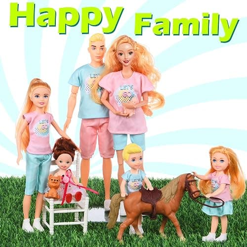 Family Dolls Set of 7 People Include Pregnant Mom Dad 4 Kids, a Small Baby in Mommy's Tummy,a Puppy Dog and a Little Horse, Doll Playsets and Accessories for 3-12 Years Old Toddlers Gift thumbnail 7