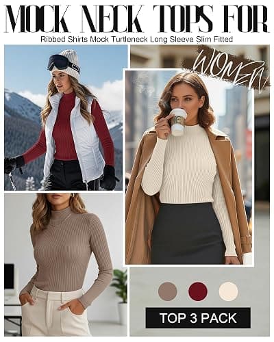 Riyiper 3 Pack Women's Ribbed Shirts, Mock Turtleneck Long Sleeve Tops Slim Fitted Undershirts Casual Basic Layering Tees thumbnail 3
