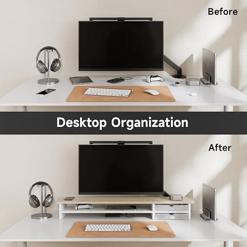 Fenge Dual Monitor Stand Riser with 2 Acrylic Storage Drawer 108cm Large Monitor Stands for PC/Laptop/Fax/Printer/TV Screen, Whole Piece Board, Oak+White thumbnail 6