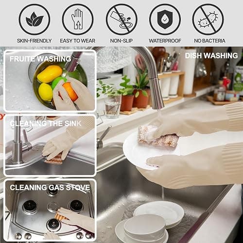 DABOGOSA Mamison 2 Pairs Reusable Waterproof Household Dishwashing Cleaning Rubber Gloves, Non-Slip Kitchen Glove (Ivory, Large (Pack of 2)) thumbnail 4