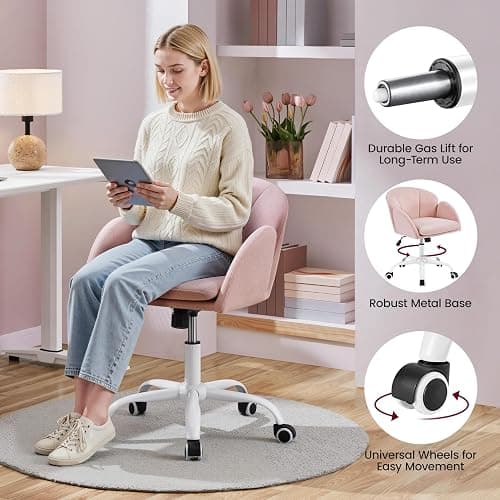 Yaheetech Fabric Vanity Desk Chair Modern Swivel Rolling Computer Chair with Armrests for Living Room, Bedroom, Makeup Room, Light Pink thumbnail 7