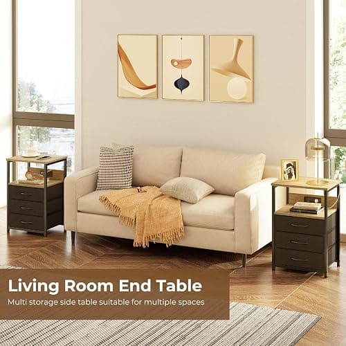 Seventable Nightstand with Charging Station and LED Light, Side Table with 3 Fabric Drawers, Bedside End Table with USB Ports and Outlets, Night Stand for Bedroom, Greige thumbnail 6