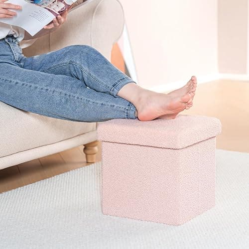 ROOM | Amazon | B FSOBEIIALEO Small Storage Ottoman Cube Sherpa Ottomans Foot Rest, Foldable Boucle Ottoman, Faux Teddy Fur, Cream White 12.6"x12.6"x12.6" - White - 12.6"x12.6"x12.6" thumbnail 3