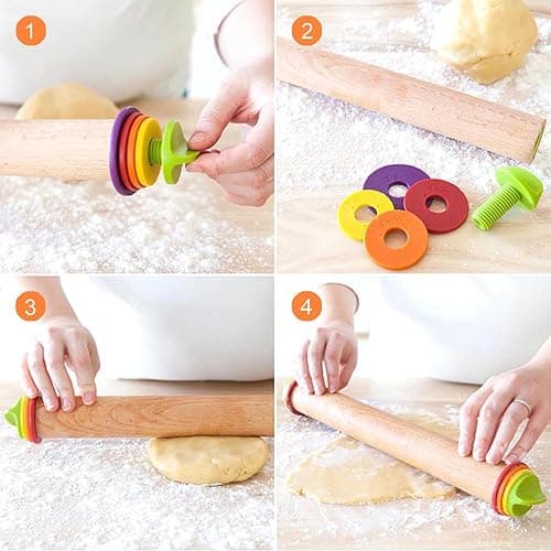 Mepple Adjustable Wooden Rolling Pin with 4 Removable Thickness Rings，Great for Baking Dough, Pizza, Pie, Pastries, Pasta, Cookies and More, 13.6" x 2.5" x 2.5", Multicolor thumbnail 5