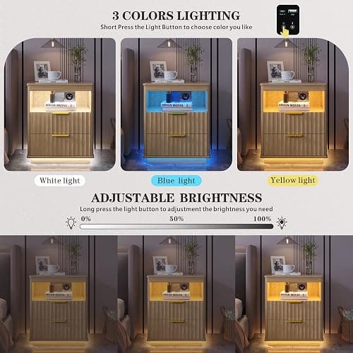 Dystler Nightstand with LED Light and Charging Station for Bedroom, Wood | 2 Drawers, Open storage space, Smart Bedside Table, Human Sensor, Modern thumbnail 4