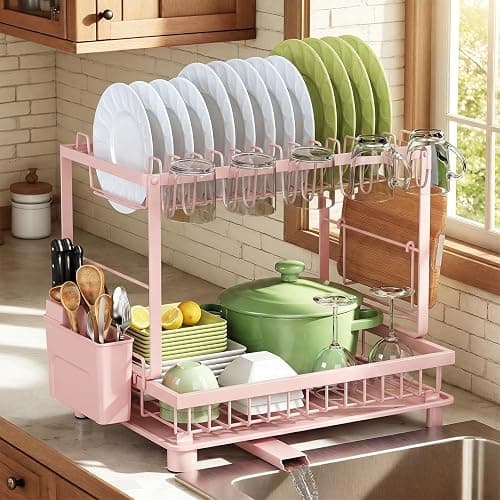 Nfnoyp 2-Tier Dish Drying Rack for Kitchen Counter, Space-Saving, Pink | Rustproof Carbon Steel, Auto Drain Spout, Space-Saving Dish Rack with Drainboard, Utensil & Cup Holders, Countertop Organizer - Image 1