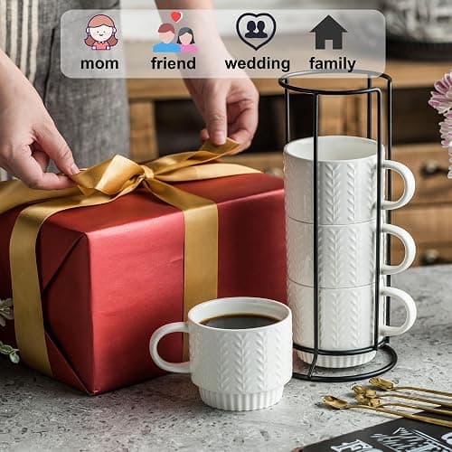 Miamolo Stackable Coffee Mugs, Coffee Mug Set of 4 with Spoons & Stand, 13oz Espresso Cups for Drinks Latte Cappuccino Tea, Coffee Cup for Housewarming Birthday Gift, Dishwasher Safe, White thumbnail 7