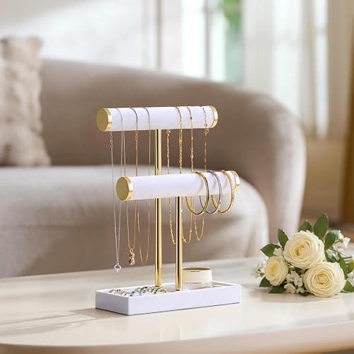 Josmimic Schmuck Organizer mit 2 Ebenen - Weiß Schmuckständer Armbänder, Abnehmbarer T-Steg Schmuck Ständer, Samt-Armbandhalter, Schmuckhalter für Armband, Halskette, Uhren, Ringe thumbnail 5