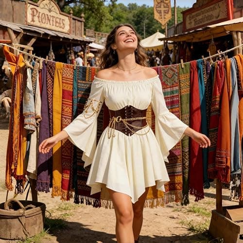 SVMVVGW Renaissance Costume Women Pirate outfit Ren Faire Dress Off Shoulder Bell Sleeve Arm chain Waist Belt waist chain thumbnail 6