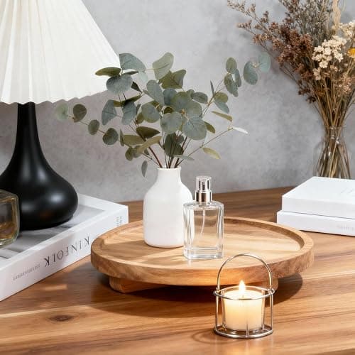 10 Inch Round Solid Wood Decorative Tray – Wooden Riser for Bathroom Counter & Kitchen, Rustic Farmhouse Vanity Organizer for Soap, Candle, Perfume, Gift thumbnail 2