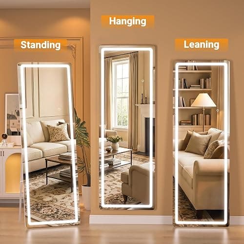 WINNICE Full Length Mirror with Lights, 56" x 15.8" LED Lighted Floor Standing Body Mirror, Dimmable & 3 Color Lighting Cloakroom, Dressing Room, Tempered Glass, Rounded Corner White thumbnail 6