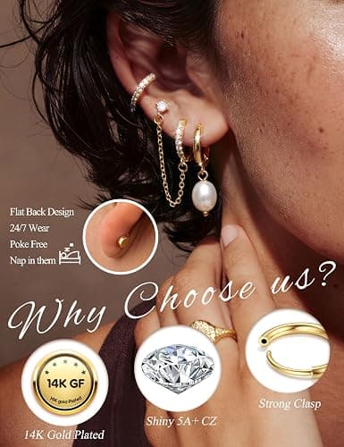 LOLIAS Hypoallergenic Flat Back Earrings Set for Women-Surgical Stainless Steel Earrings for Sensitive Ears-14K Gold Plated Cartilage Earring Stacks Flatback Stud Hoop Earring Sets for Multiple Piercing Jewelry thumbnail 2