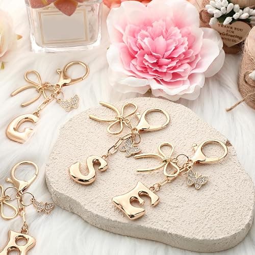 Sylixonae Bubble Initial Keychain with Bow & Butterfly - Gold Letter Bag Charms for Women, Cute Purse Handbag Accessories thumbnail 7