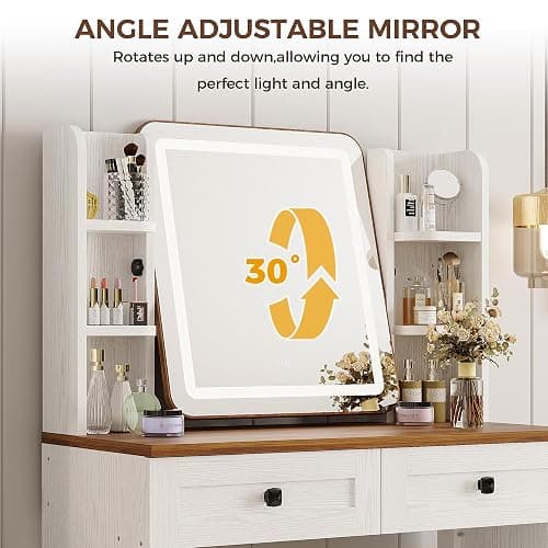 IRONCK Makeup Vanity with LED Lights & Power Outlet, Small Vanity Desk with Adjustable Mirror, 2 Large Drawers and 4 Open Shelves, Farmhouse Vanity with Storage Stool for Bedroom, White thumbnail 5