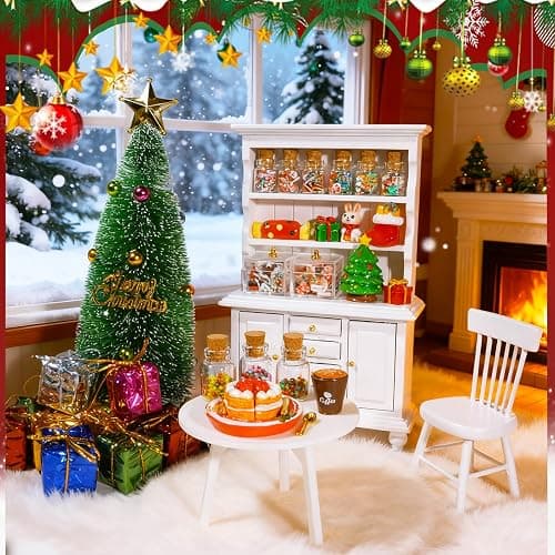 Rileryan 1:12 Scale Mini Christmas House Accessories Kit Christmas Miniatures Decorations Miniature Wooden Furnitures Bookshelf Desk Chair thumbnail 4