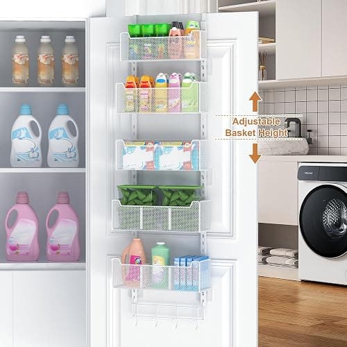 VyGrow Over The Door Organizer, Metal Door Organizer Hanging with 5 Adjustable Baskets and Coat Hook, Behind The Door Storage for Bedroom Closet Bathroom Pantry Cabinet Kitchen, White thumbnail 2