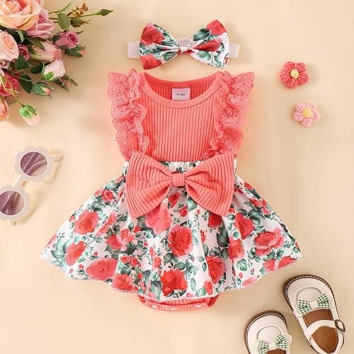 KAFIREN Baby Girl Newborn Lace Romper Dress Sleeveless Summer Outfits 0-12M | Lace Ruffles Romper Dress, Flower Skirt With Bow Headband, Breathable for Summer, Ideal for Daily Wear, Machine Washable thumbnail 8