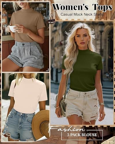 Ficerd 3 Pack Women's Mock Neck Shirts Short Sleeve Tops | Ladies Turtleneck Business T-Shirts, Slim Fit Tees, Dressy Basic Pullovers, Stretch Casual Outfits, Summer Fall Clothes 2026 thumbnail 3