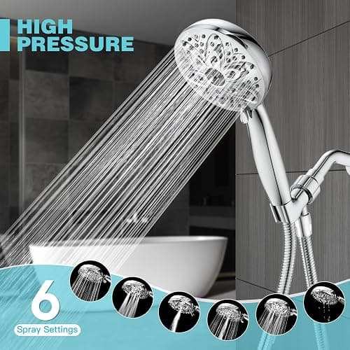 6-Setting Shower Head with Handheld, JDO High Pressure Hand held Shower Head, 4.7 Inch Chrome Detachable Showerhead Set with 59 Inch Stainless Steel Hose and Adjustable Showerhead Holder thumbnail 2