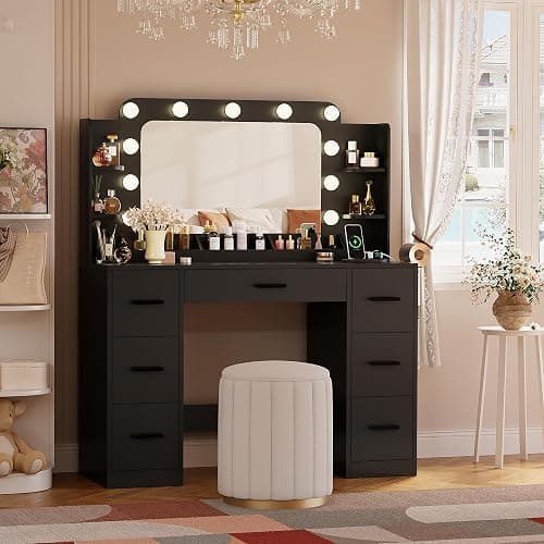YESHOMY Vanity Desk with Large Lighted Mirror, Power Outlet and 11 Lights, Makeup Table with 7 Drawers and 3 Desktup Storage Units, 3 Color Modes Available for Bedroom, Black thumbnail 4