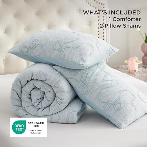 Bedsure Queen Comforter Set, Dusty Blue Boho Tufted Bed Set, 3D Puffy Jacquard Bedding Queen Size, 3 Pieces, 1 Farmhouse Shabby Chic Embroidery Comforter with Bow Pattern & 2 Pillow Cases thumbnail 7