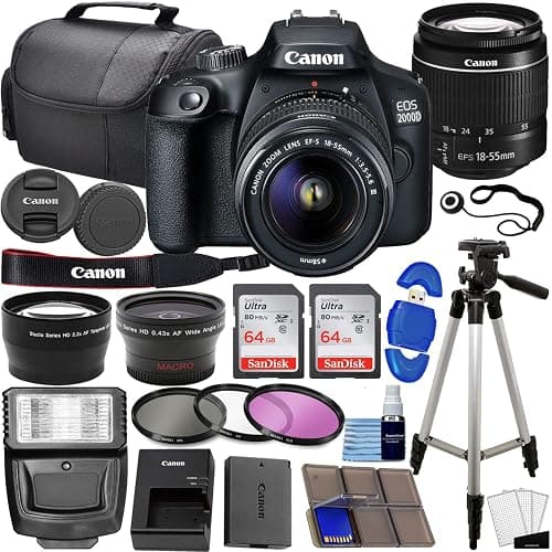 Canon EOS 2000D / Rebel T7 DSLR Camera w/EF-S 18-55mm f/3.5-5.6 Lens 3 Lens Kit: 128GB Memory + Wide Angle + Telephoto + Flash (Renewed) - Image 1