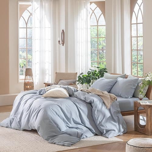 MooMee Bedding Duvet Cover Set 100% Washed Cotton Linen Like Textured Breathable Durable Soft Comfy (Heathered Cornflower Blue, Twin 68"x90") thumbnail 3