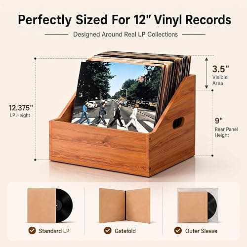 Wood Vinyl Record Storage, Retro & Durable Vinyl Crate and Record Holder, Album Storage Record Case Box for 60+ Records, Perfect Record Organizer for Home Decor and Collection Display(Brown) thumbnail 2