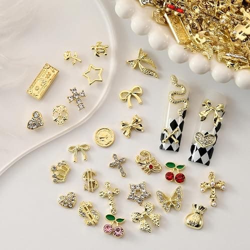 OPMADM 100Pcs Gold Nail Charms and Gems Charms for Nails Design Gold Charms for Nails Metal Bow Cherry Butterfly Cross Heart Star and Flowers thumbnail 3