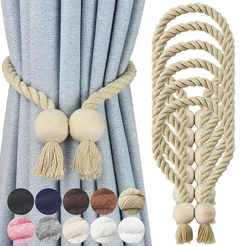 Nieffeiy 6 Pack Magnetic Curtain Tiebacks Cotton Hand Woven Tie Back Decorative Rope Holdbacks for Curtains Draperies No Tools Required, Dark Beige - Dark Beige - 6