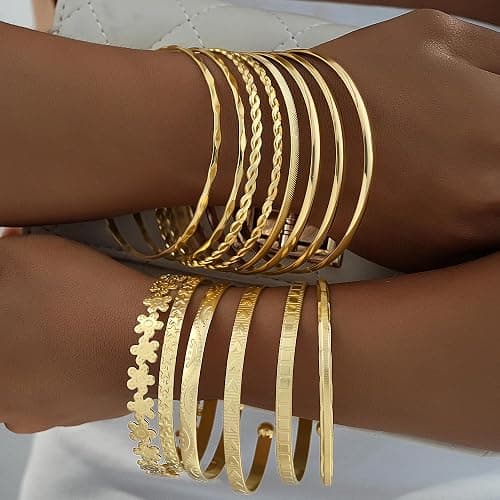 FAXHION Gold Bangle Bracelets for Women, 14 Pcs Multi Layer Stackable Bangle Set, 14K Gold Plated Textured Chunky Bracelets Boho Jewelrys Set thumbnail 8