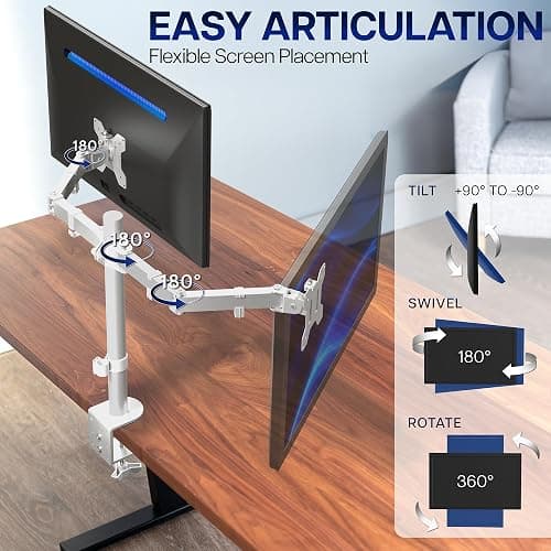 VIVO Dual Monitor Desk Mount for 13 to 30 inch Screens, STAND-V002W | White, Articulating, Adjustable Monitor Arm, Grommet or C-Clamp Mounting, Computer Stand for 2 Monitors, Holds 22 lbs Each thumbnail 3